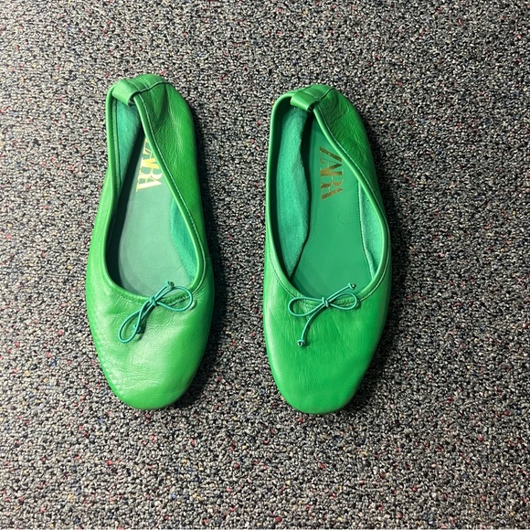ZARA Bright Green Colorful Ballet Flats Leather Bow Soft Shoes Square Toe Sz 7.5 - Picture 7 of 16